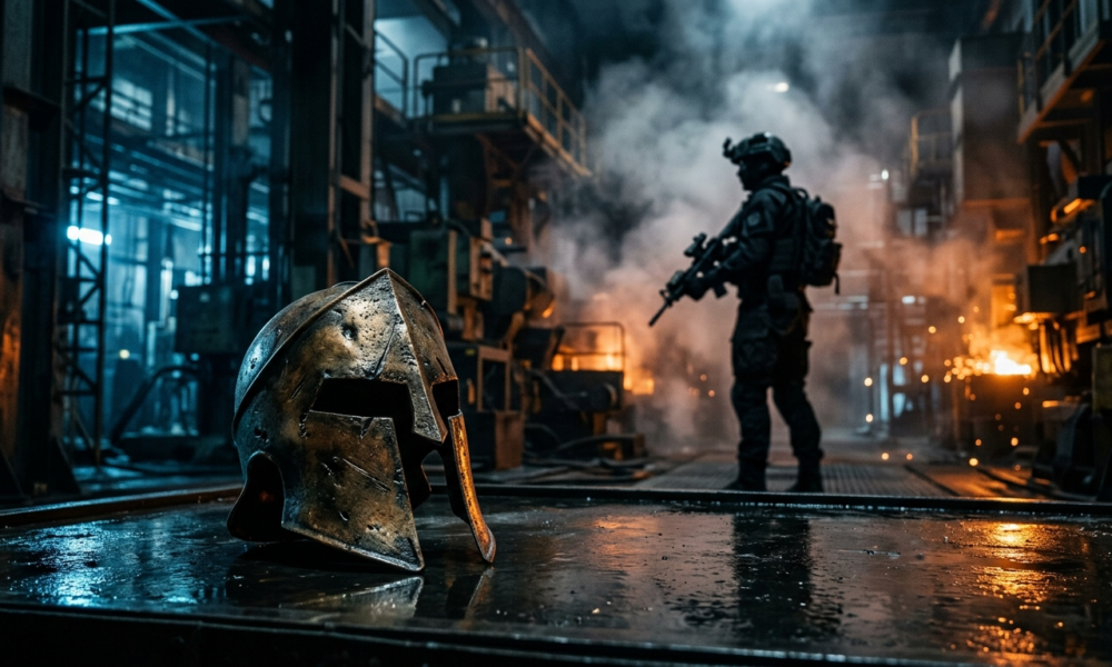 Zniszczony hełm Spartan z Halo w niebiesko-pomarańczowym świetle. Polska i świat: Activision i Xbox, gaming. W tle sylwetka żołnierza w dymie, mroczny klimat.