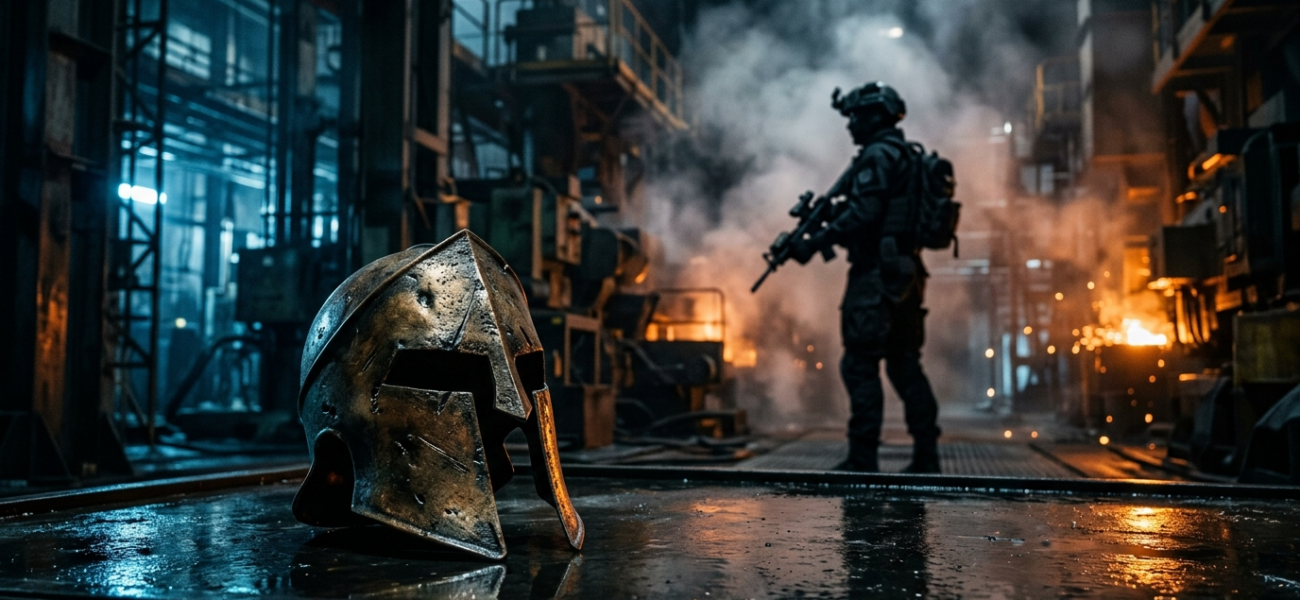 Zniszczony hełm Spartan z Halo w niebiesko-pomarańczowym świetle. Polska i świat: Activision i Xbox, gaming. W tle sylwetka żołnierza w dymie, mroczny klimat.