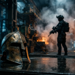 Zniszczony hełm Spartan z Halo w niebiesko-pomarańczowym świetle. Polska i świat: Activision i Xbox, gaming. W tle sylwetka żołnierza w dymie, mroczny klimat.