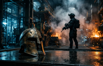 Zniszczony hełm Spartan z Halo w niebiesko-pomarańczowym świetle. Polska i świat: Activision i Xbox, gaming. W tle sylwetka żołnierza w dymie, mroczny klimat.