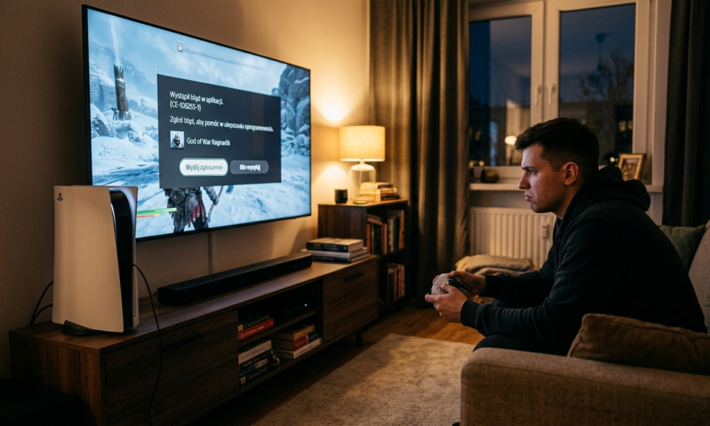 Konsola Sony PlayStation 5 wyświetla symbol błędu na telewizorze podczas gry w God of War. AI Sony samodzielnie naprawi oprogramowanie i system konsol PS5.