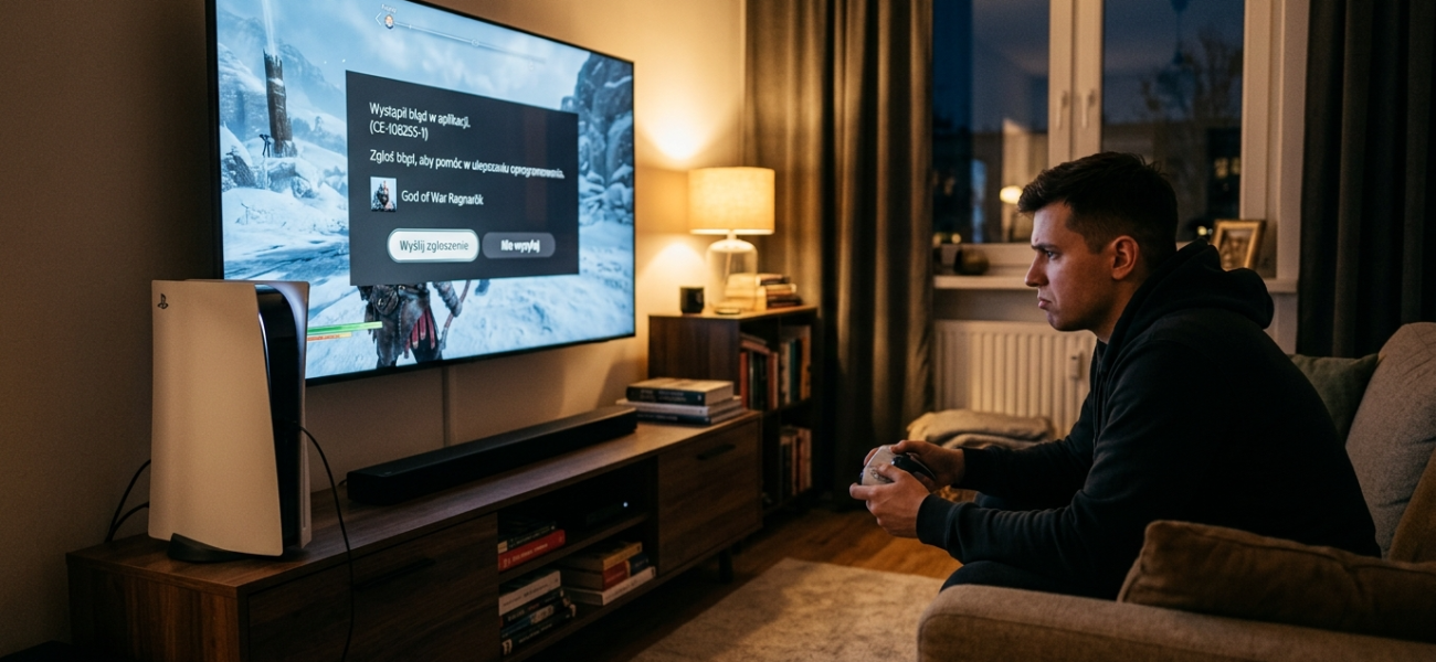 Konsola Sony PlayStation 5 wyświetla symbol błędu na telewizorze podczas gry w God of War. AI Sony samodzielnie naprawi oprogramowanie i system konsol PS5.