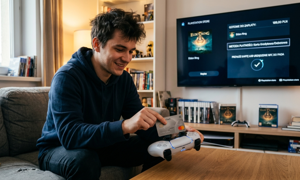 Gracz przykładający kartę kredytową do pada PS5 DualSense (DS5) w PlayStation Store. Patent Sony na terminal płatniczy. Nowość tech, Polska i świat.