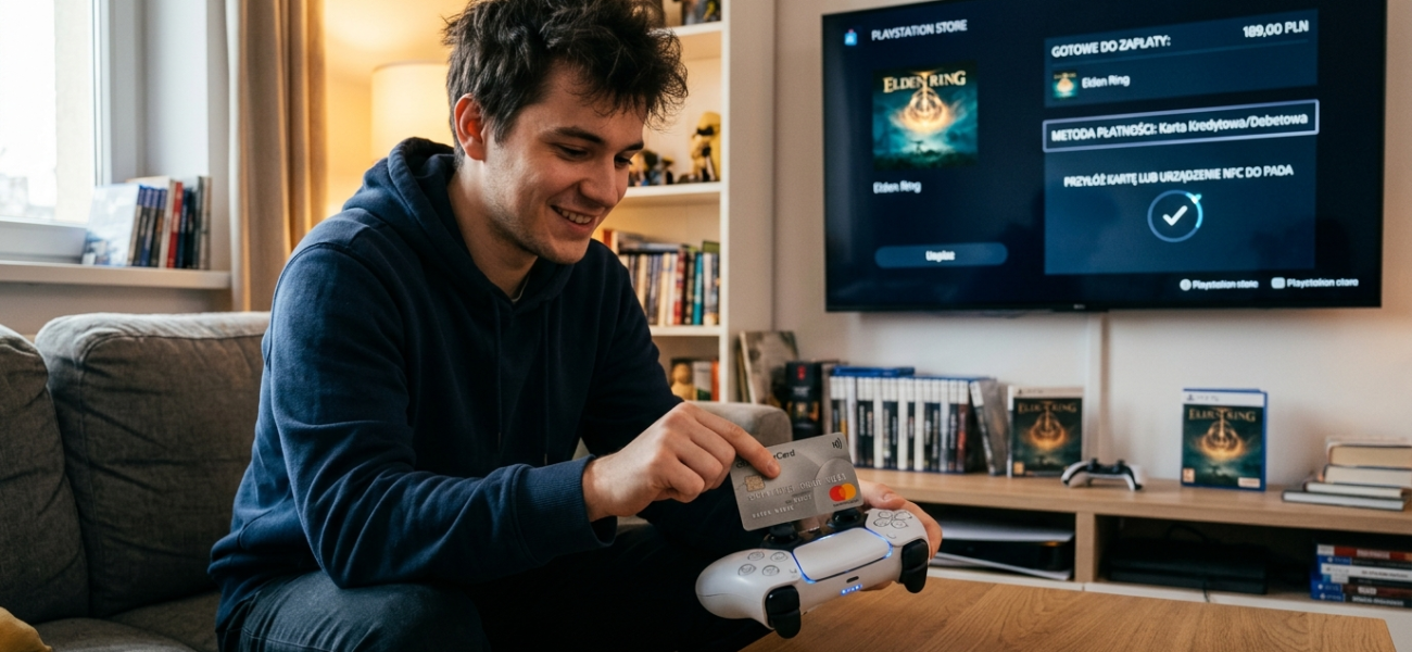 Gracz przykładający kartę kredytową do pada PS5 DualSense (DS5) w PlayStation Store. Patent Sony na terminal płatniczy. Nowość tech, Polska i świat.