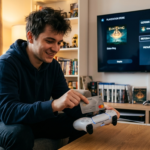 Gracz przykładający kartę kredytową do pada PS5 DualSense (DS5) w PlayStation Store. Patent Sony na terminal płatniczy. Nowość tech, Polska i świat.