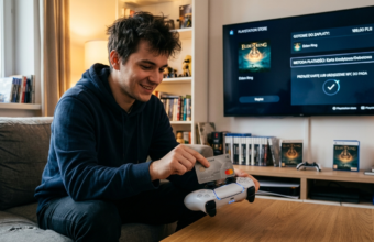 Gracz przykładający kartę kredytową do pada PS5 DualSense (DS5) w PlayStation Store. Patent Sony na terminal płatniczy. Nowość tech, Polska i świat.