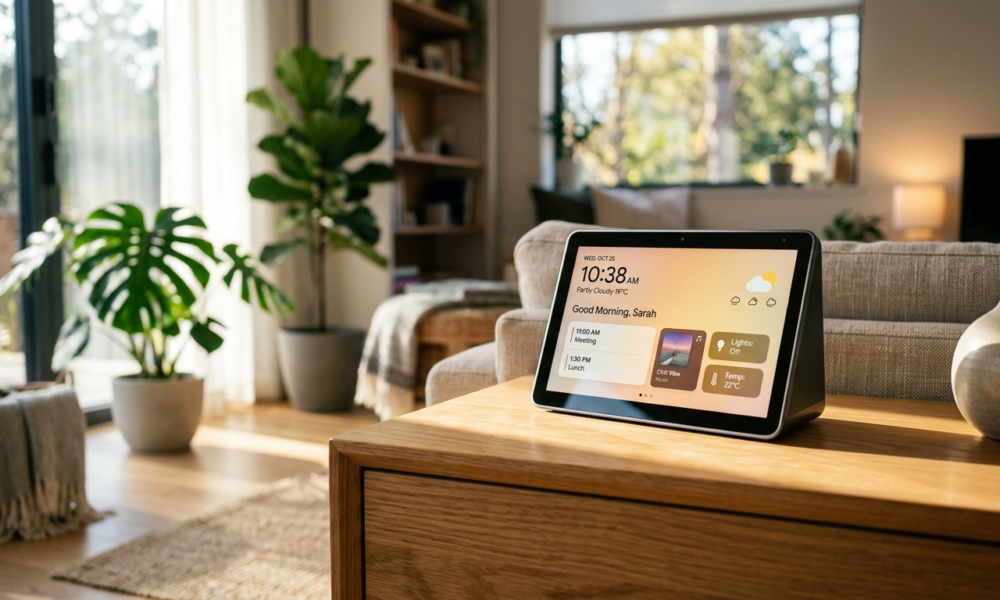 Podświetlany ekran Apple homeOS na drewnie w jasnym salonie. Nowoczesne centrum inteligentnego domu smart home w Polska i świat. Aluminium i szkło.