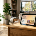 Podświetlany ekran Apple homeOS na drewnie w jasnym salonie. Nowoczesne centrum inteligentnego domu smart home w Polska i świat. Aluminium i szkło.