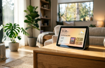 Podświetlany ekran Apple homeOS na drewnie w jasnym salonie. Nowoczesne centrum inteligentnego domu smart home w Polska i świat. Aluminium i szkło.