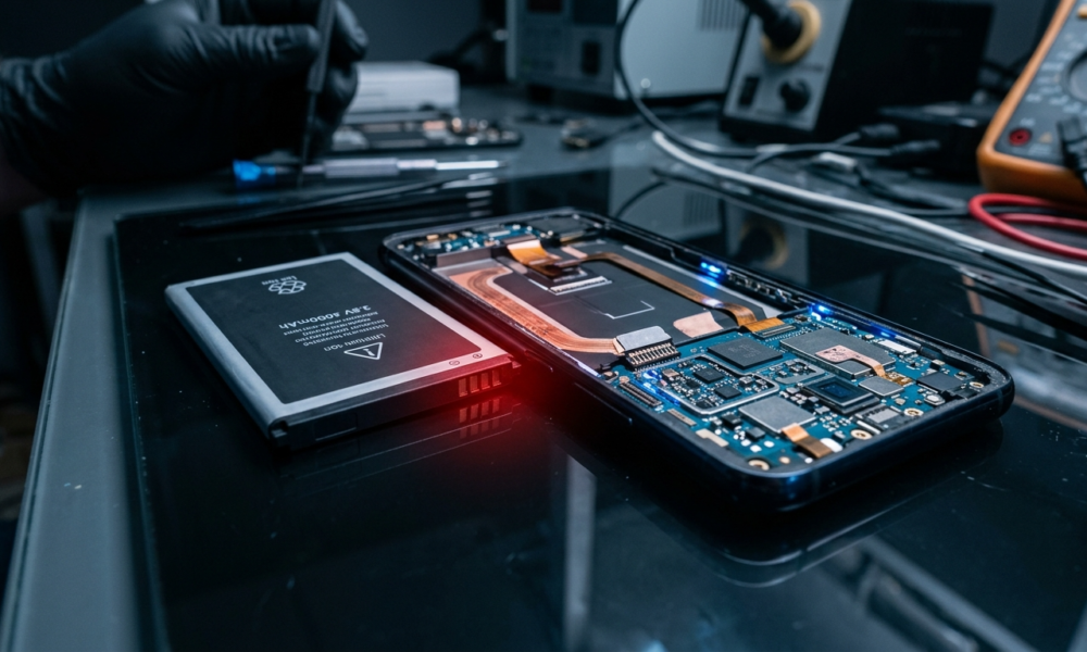 Rozłożony smartfon Samsung Galaxy A na ciemnym szkle. Bateria litowa obok slotu z czerwoną poświatą ostrzegawczą sugerującą blokadę tanich zamienników baterii.
