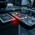 Rozłożony smartfon Samsung Galaxy A na ciemnym szkle. Bateria litowa obok slotu z czerwoną poświatą ostrzegawczą sugerującą blokadę tanich zamienników baterii.