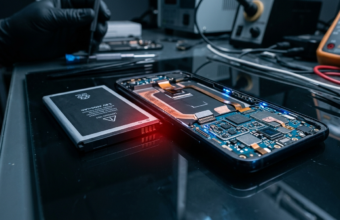 Rozłożony smartfon Samsung Galaxy A na ciemnym szkle. Bateria litowa obok slotu z czerwoną poświatą ostrzegawczą sugerującą blokadę tanich zamienników baterii.