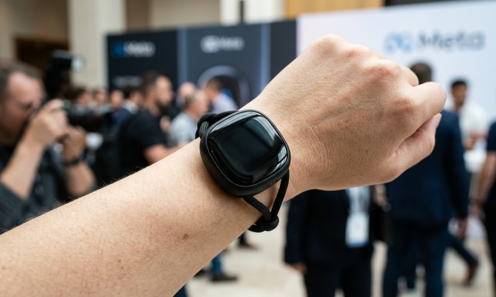 Okrągły Meta Charm wielkości etui AirPods z czarnym wyświetlaczem i sznurkiem. Asystent Muse AI od Meta Marka Zuckerberga zamiast tradycyjnego smartfona.
