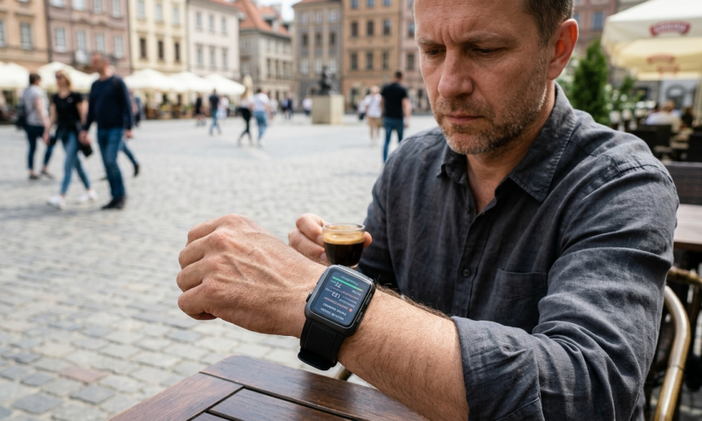 Smartwatch Huawei Watch D3 na nadgarstku mężczyzny wyświetla wynik pomiaru ciśnienia krwi. Nowy zegarek z ciśnieniomierzem dostępny w Polsce i na świecie.