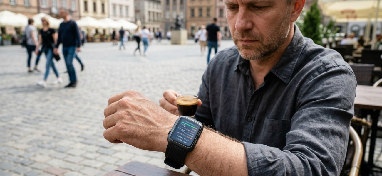 Smartwatch Huawei Watch D3 na nadgarstku mężczyzny wyświetla wynik pomiaru ciśnienia krwi. Nowy zegarek z ciśnieniomierzem dostępny w Polsce i na świecie.
