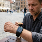 Smartwatch Huawei Watch D3 na nadgarstku mężczyzny wyświetla wynik pomiaru ciśnienia krwi. Nowy zegarek z ciśnieniomierzem dostępny w Polsce i na świecie.