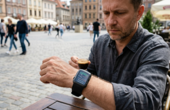 Smartwatch Huawei Watch D3 na nadgarstku mężczyzny wyświetla wynik pomiaru ciśnienia krwi. Nowy zegarek z ciśnieniomierzem dostępny w Polsce i na świecie.