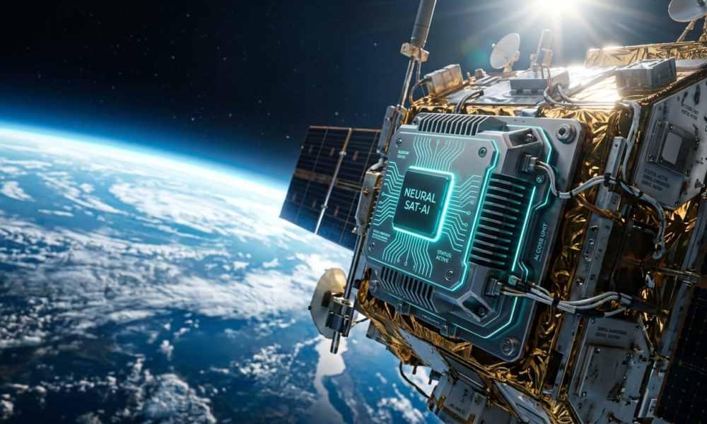Procesor AI Google z cyjanowymi obwodami w satelicie na orbicie. Tło: błękitna Ziemia i kosmos. Testy sztucznej inteligencji i technologie przyszłości.