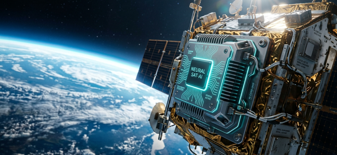 Procesor AI Google z cyjanowymi obwodami w satelicie na orbicie. Tło: błękitna Ziemia i kosmos. Testy sztucznej inteligencji i technologie przyszłości.