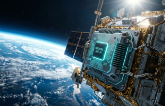 Procesor AI Google z cyjanowymi obwodami w satelicie na orbicie. Tło: błękitna Ziemia i kosmos. Testy sztucznej inteligencji i technologie przyszłości.