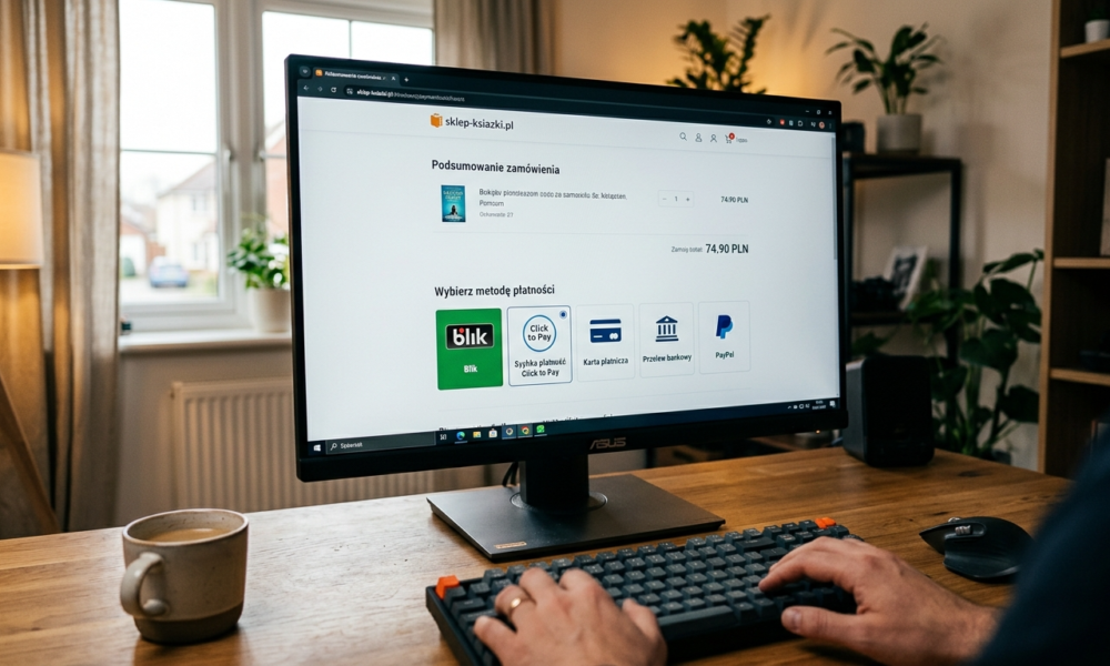 Ekran płatności online z wybraną ikoną Click to Pay obok Blik i przelewu. Bezpieczne zakupy internetowe z Bank Millennium i nowoczesne e-płatności.