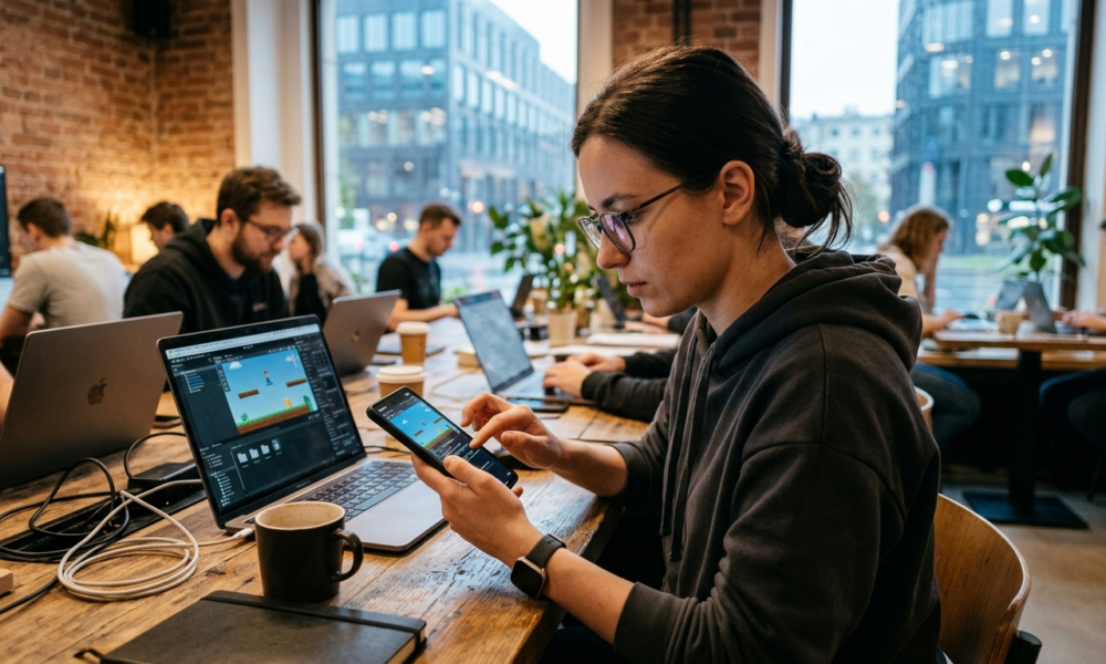 Osoba tworząca grę mobilną na telefonie dzięki sztucznej inteligencji Mety. Gaming bez programowania w Polsce i na świecie. Nowoczesna kultura cyfrowa.