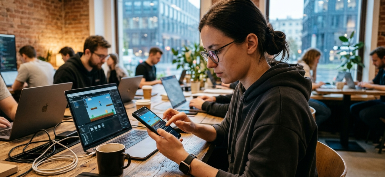 Osoba tworząca grę mobilną na telefonie dzięki sztucznej inteligencji Mety. Gaming bez programowania w Polsce i na świecie. Nowoczesna kultura cyfrowa.