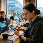 Osoba tworząca grę mobilną na telefonie dzięki sztucznej inteligencji Mety. Gaming bez programowania w Polsce i na świecie. Nowoczesna kultura cyfrowa.