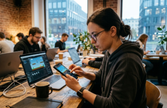 Osoba tworząca grę mobilną na telefonie dzięki sztucznej inteligencji Mety. Gaming bez programowania w Polsce i na świecie. Nowoczesna kultura cyfrowa.
