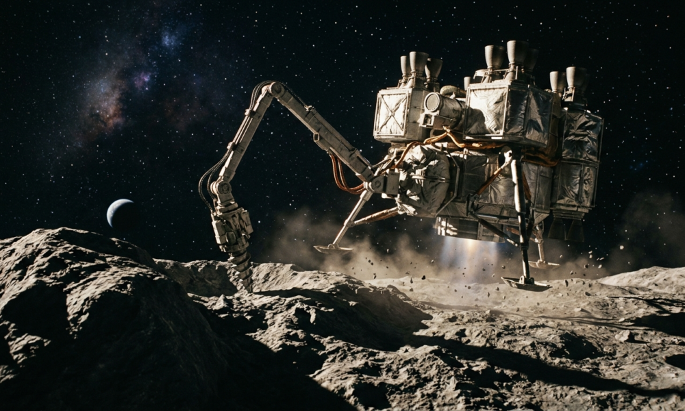 Statek kosmiczny ląduje na asteroidzie, wykonując odwierty górnicze. Innowacyjna nauka i technologie przyszłości, kategoria Polska i świat.