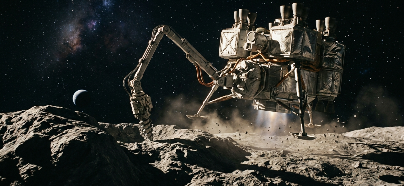 Statek kosmiczny ląduje na asteroidzie, wykonując odwierty górnicze. Innowacyjna nauka i technologie przyszłości, kategoria Polska i świat.