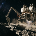 Statek kosmiczny ląduje na asteroidzie, wykonując odwierty górnicze. Innowacyjna nauka i technologie przyszłości, kategoria Polska i świat.