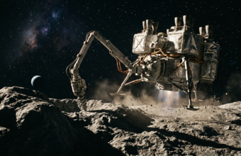 Statek kosmiczny ląduje na asteroidzie, wykonując odwierty górnicze. Innowacyjna nauka i technologie przyszłości, kategoria Polska i świat.