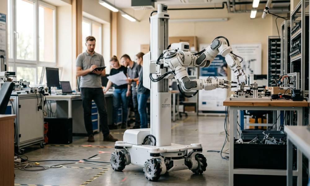 Biały robot Feather Robotics na kółkach z funkcjonalnymi rękami na stojaku. Tani robot bez AI na rynek Polska i świat. Rozwiązanie dla biznes i rynek tech.