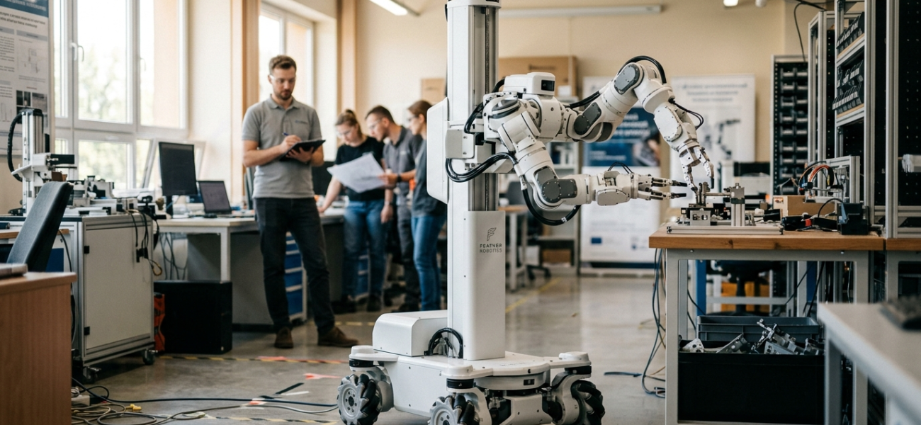 Biały robot Feather Robotics na kółkach z funkcjonalnymi rękami na stojaku. Tani robot bez AI na rynek Polska i świat. Rozwiązanie dla biznes i rynek tech.