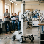 Biały robot Feather Robotics na kółkach z funkcjonalnymi rękami na stojaku. Tani robot bez AI na rynek Polska i świat. Rozwiązanie dla biznes i rynek tech.