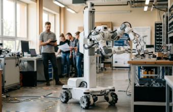 Biały robot Feather Robotics na kółkach z funkcjonalnymi rękami na stojaku. Tani robot bez AI na rynek Polska i świat. Rozwiązanie dla biznes i rynek tech.