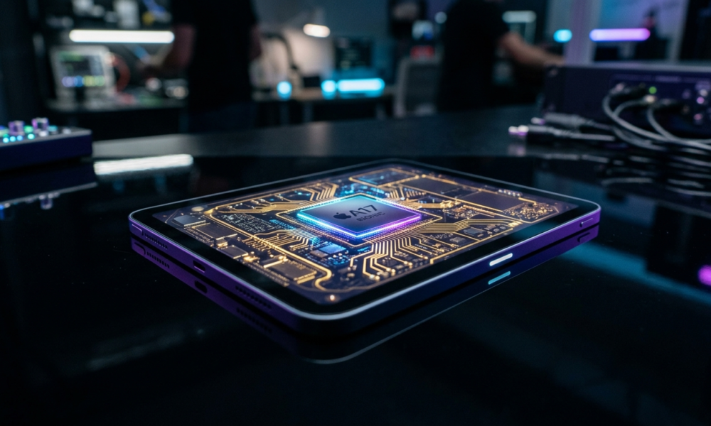 iPad Mini 8 w Polska i świat. Przezroczysty ekran na ciemnym tle ukazuje świecący procesor i złote układy w neonowym świetle, oddając potężne wnętrze urządzenia.