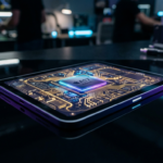 iPad Mini 8 w Polska i świat. Przezroczysty ekran na ciemnym tle ukazuje świecący procesor i złote układy w neonowym świetle, oddając potężne wnętrze urządzenia.