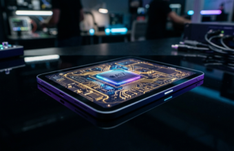 iPad Mini 8 w Polska i świat. Przezroczysty ekran na ciemnym tle ukazuje świecący procesor i złote układy w neonowym świetle, oddając potężne wnętrze urządzenia.