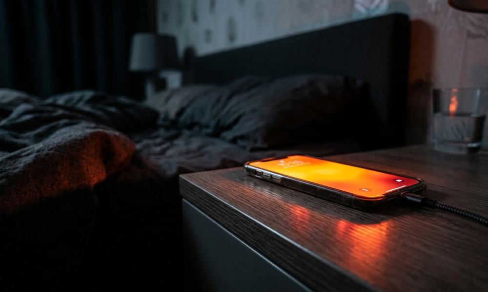 Smartfon na szafce nocnej pulsuje czerwonym światłem. Aplikacja ostrzegawcza ignorująca tryb cichy to lifestyle tech dla regionu Polska i świat.