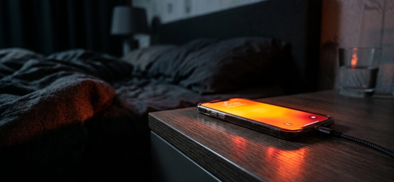 Smartfon na szafce nocnej pulsuje czerwonym światłem. Aplikacja ostrzegawcza ignorująca tryb cichy to lifestyle tech dla regionu Polska i świat.