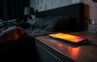 Smartfon na szafce nocnej pulsuje czerwonym światłem. Aplikacja ostrzegawcza ignorująca tryb cichy to lifestyle tech dla regionu Polska i świat.