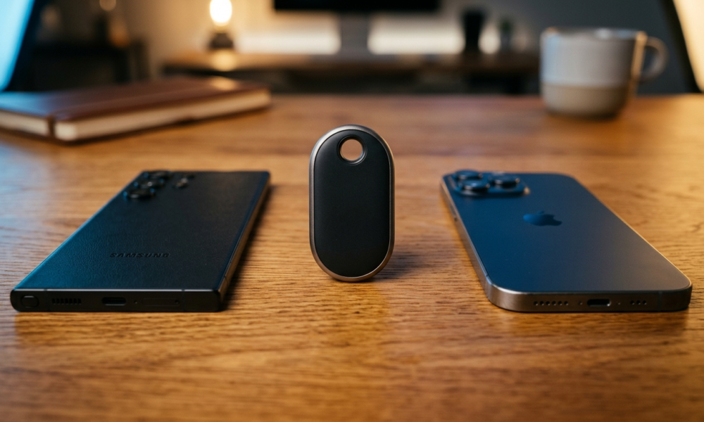 Metaliczny lokalizator Galaxy SmartTag 3 obok iPhone i Samsung na dębowym blacie. Nowoczesne gadżety – Polska i świat. Design w kształcie eleganckiego breloka.