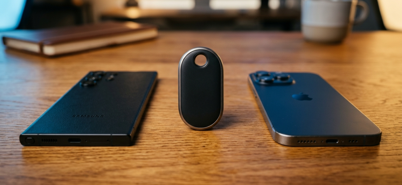 Metaliczny lokalizator Galaxy SmartTag 3 obok iPhone i Samsung na dębowym blacie. Nowoczesne gadżety – Polska i świat. Design w kształcie eleganckiego breloka.