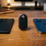 Metaliczny lokalizator Galaxy SmartTag 3 obok iPhone i Samsung na dębowym blacie. Nowoczesne gadżety – Polska i świat. Design w kształcie eleganckiego breloka.