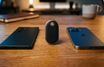 Metaliczny lokalizator Galaxy SmartTag 3 obok iPhone i Samsung na dębowym blacie. Nowoczesne gadżety – Polska i świat. Design w kształcie eleganckiego breloka.