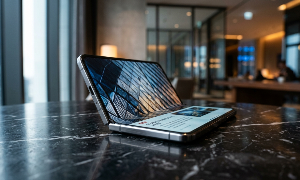 Półotwarty vivo X Fold 6 na ciemnym marmurze. Metalowe krawędzie, nowoczesny zawias i duży ekran. Polska i świat poznają luksusowy, składany smartfon.