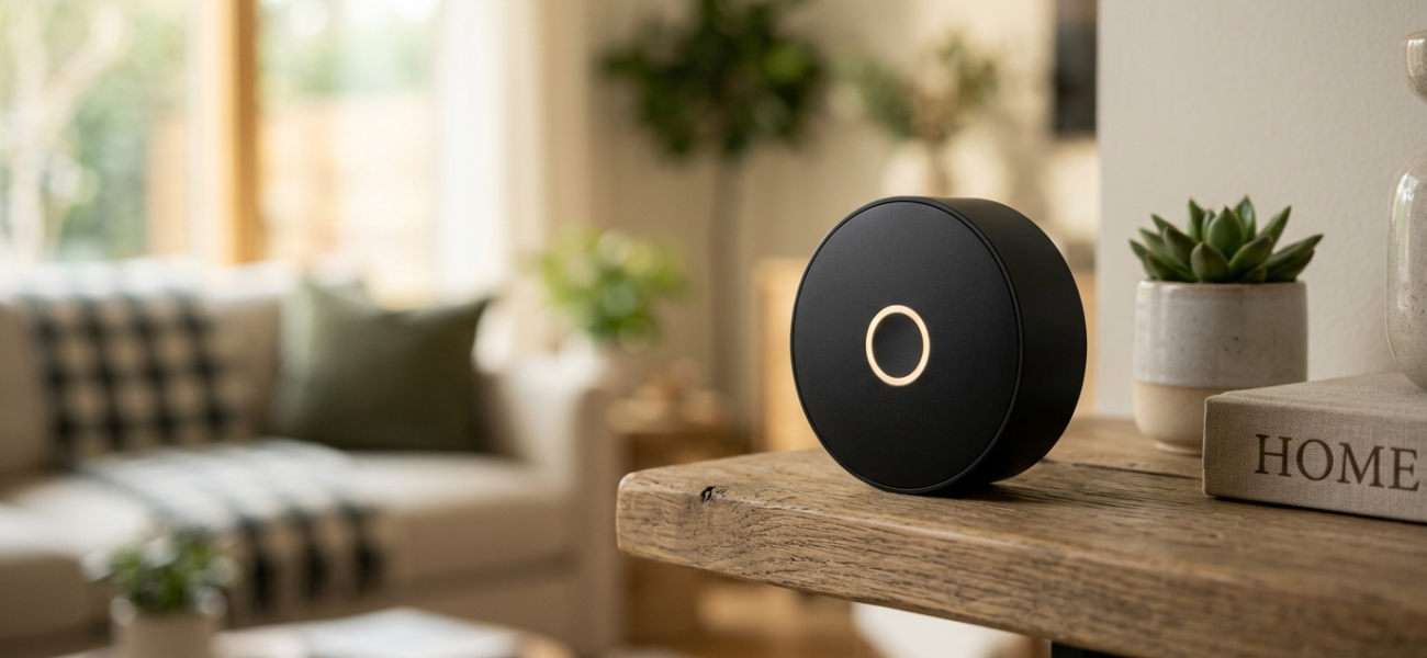 Kamera domowa Apple bez soczewki z diodą LED na drewnianej półce. Matowy design, prywatność bez nagrywania wideo. Polska i świat, lifestyle tech.