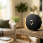 Kamera domowa Apple bez soczewki z diodą LED na drewnianej półce. Matowy design, prywatność bez nagrywania wideo. Polska i świat, lifestyle tech.